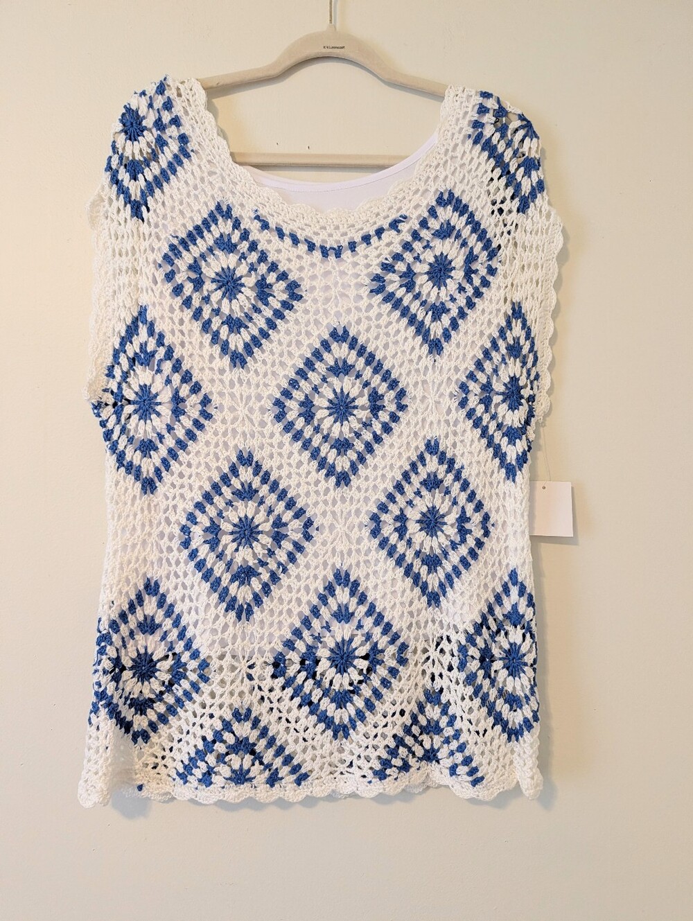Skye's the Limit White Crochet Tank with Blue Diamond Motif